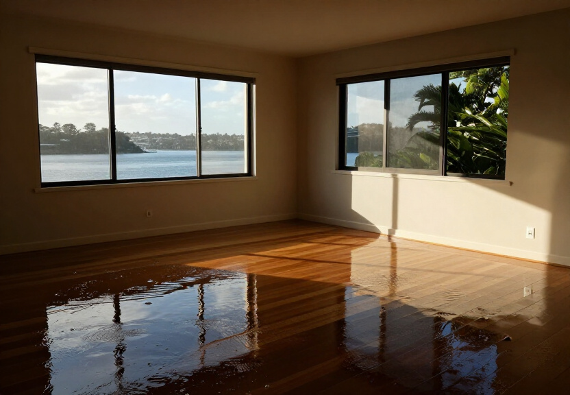 Flooded living room in Waverton with water damage to carpet and walls